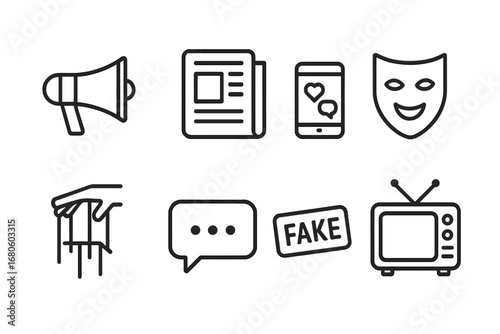 Misinformation Icon Set. Outline icon set of misinformation and propaganda: megaphone, newspaper, social media, mask, puppet
