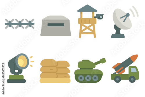Modern Defense Icons. Flat vector mini-illustrations fortification modern defenses in colors children's illustrations: barbed wire