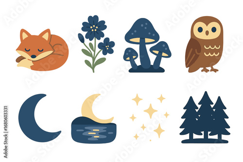 Nighttime Forest Delight. Flat vector mini-illustrations nature under new moon in colors children's illustrations: sleeping fox,