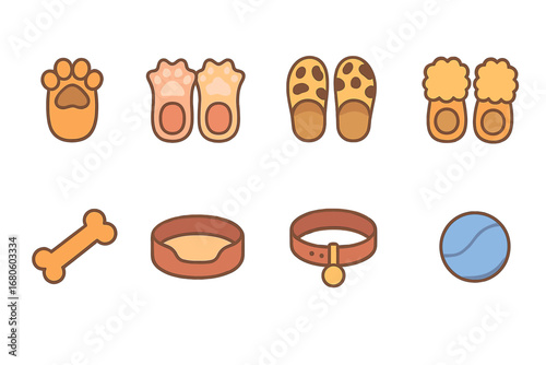 Pet Slippers Grid. Flat vector mini-illustrations pet slippers in colors children's illustrations: dog paw slippers, cat paw