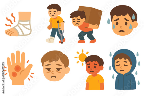 Physical Hardships Icons. Flat vector mini-illustrations physical hardship in colors children's illustrations: injured foot,
