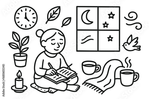 Peaceful Reflection Doodle. Hand-drawn doodle illustration peaceful reflection person sitting, journal, pen, candle, plant, cup of