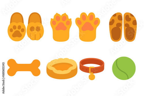 Pet Slippers Grid. Flat vector mini-illustrations pet slippers in colors children's illustrations: dog paw slippers, cat paw