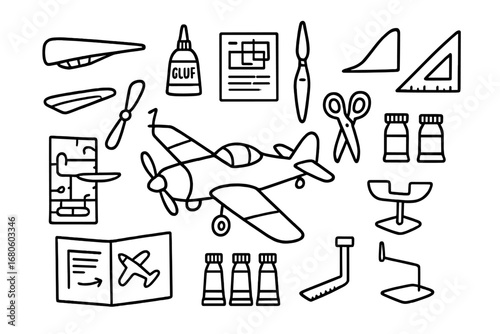 Model Airplane Blueprint. Hand-drawn doodle illustration model airplane airplane, wings, propeller, cockpit, wheels, tail fin,