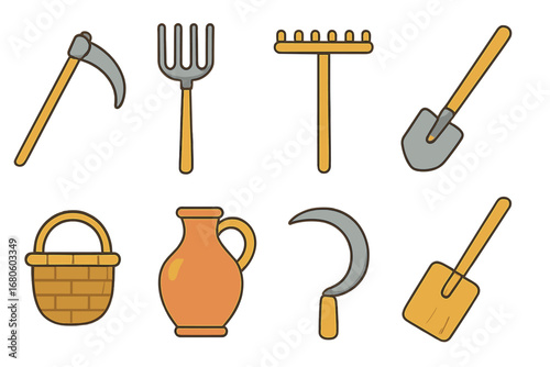 Peasant Tools Icons. Flat vector mini-illustrations peasant tools in colors children's illustrations: scythe, pitchfork, wooden