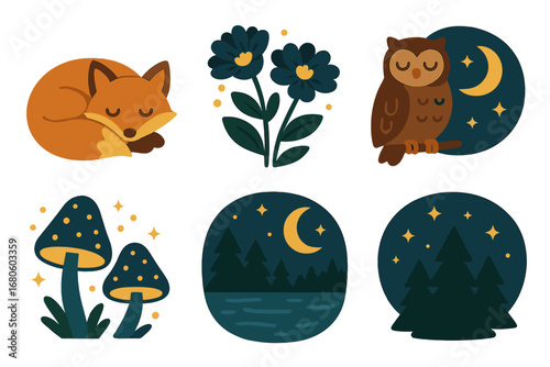 Nighttime Forest Delight. Flat vector mini-illustrations nature under new moon in colors children's illustrations: sleeping fox,
