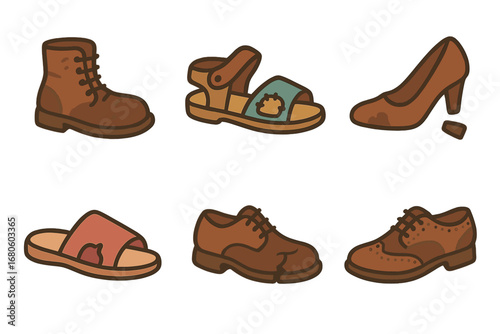 Old Shoes Display. Flat vector mini-illustrations old shoe types in colors children's illustrations: worn boot, patched sandal,