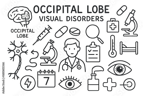Occipital Lobe Disorders. Hand-drawn doodle illustration occipital lobe visual disorders occipital lobe, brain, syringe, pill,