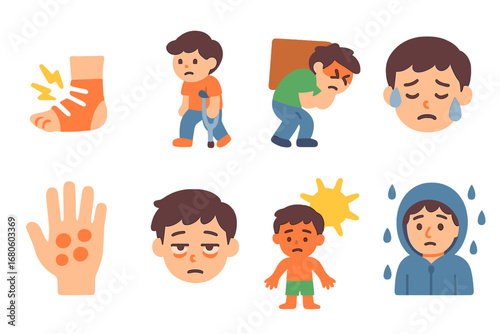 Physical Hardships Icons. Flat vector mini-illustrations physical hardship in colors children's illustrations: injured foot,