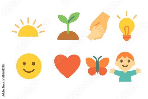 Optimistic Growth Icons. Flat vector mini-illustrations bad luck recovery in colors children's illustrations: rising sun, growing