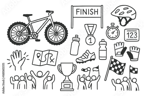 Mountain Bike Icons. Hand-drawn doodle illustration Mountain biking competition bike, stopwatch, medal, helmet, racing number,