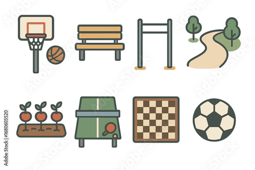 Prison Yard Icons. Flat vector mini-illustrations prison yard and recreation in colors children's illustrations: basketball hoop,