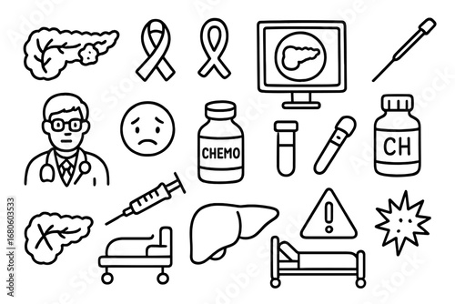 Pancreatic Cancer Doodles. Hand-drawn doodle illustration pancreatic cancer pancreas, tumor icon, cancer ribbon, CT scan, biopsy