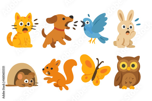 Panic Animal Icons. Flat vector mini-illustrations panic animals in colors children's illustrations: scared cat, barking dog,