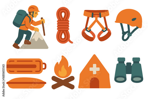Mountain Rescue Icons. Flat vector mini-illustrations rescue in mountains in colors children's illustrations: mountain climber,