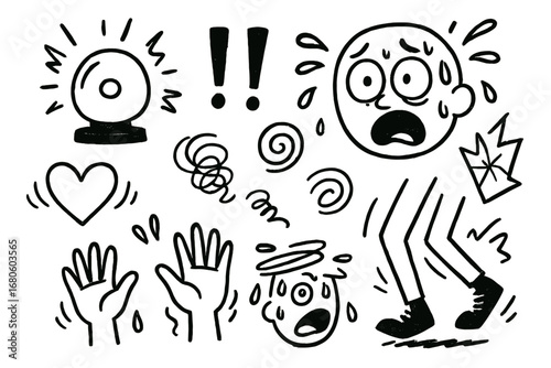 Panic Doodle Icons. Hand-drawn doodle illustration urgent panic alarm bell, wide eyes, sweating face, racing heart, trembling