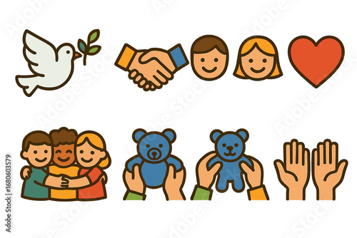 Peaceful Kids Icons. Flat vector mini-illustrations peaceful solutions in colors children's illustrations: peace dove, olive