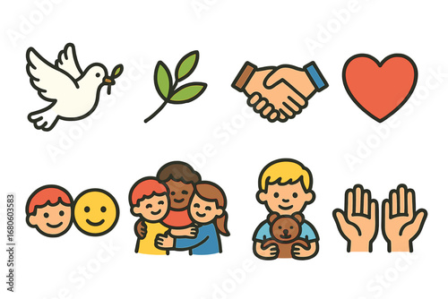 Peaceful Kids Icons. Flat vector mini-illustrations peaceful solutions in colors children's illustrations: peace dove, olive