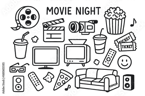 Movie Night Icons. Hand-drawn doodle illustration movie night classics film reel, clapperboard, popcorn bucket, TV screen, vintage