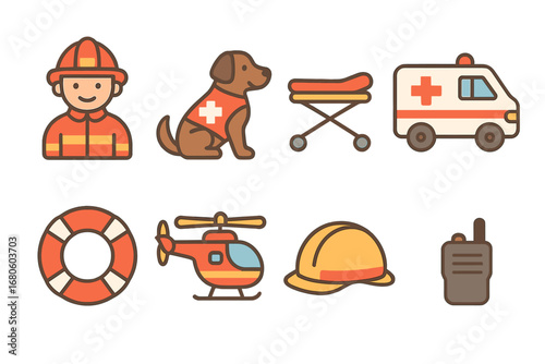 Rescue Icons Grid. Flat vector mini-illustrations rescue operations in colors children's illustrations: firefighter, rescue dog,