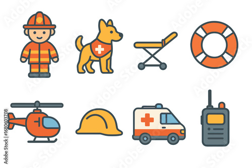 Rescue Icons Grid. Flat vector mini-illustrations rescue operations in colors children's illustrations: firefighter, rescue dog,