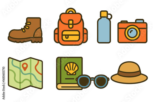 Pilgrim Travel Icons. Flat vector mini-illustrations modern pilgrims in colors children's illustrations: walking shoes, backpack,