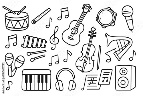 Music Doodle Icons. Hand-drawn doodle illustration Cultural music symbols drum, flute, guitar, tambourine, microphone, musical