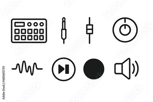 Music Production Icons. Outline icon set of music production: drum machine, audio jack, slider, knob, waveform, play/pause button,
