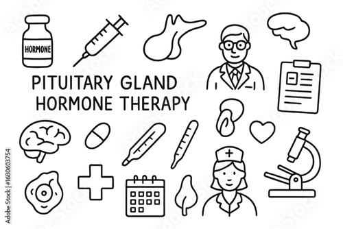 Pituitary Gland Symbols. Hand-drawn doodle illustration pituitary gland hormone therapy hormone vial, syringe, pituitary gland,