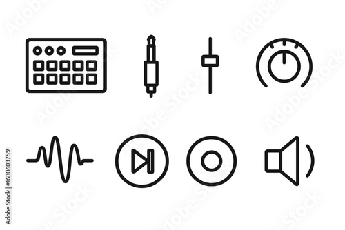 Music Production Icons. Outline icon set of music production: drum machine, audio jack, slider, knob, waveform, play/pause button,
