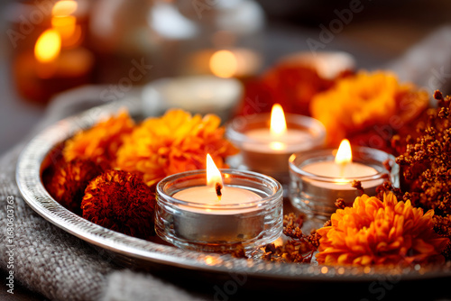 candles and autumnal flowers Closeup of beautiful autumnal flowers and white small candles with flame on silver tray, Diwali concept