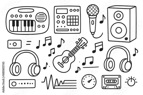 Musical Toys Icons. Hand-drawn doodle illustration Electronic musical toys keyboard, drum machine, microphone, speaker, headphones