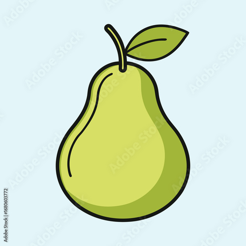 Stylized drawing of a green pear with a leaf and stem on a light background