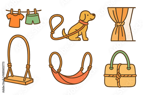 Rope in Daily Life. Flat vector mini-illustrations rope in daily life in colors children's illustrations: clothesline rope, dog