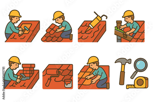 Roof Repair Icons. Flat vector mini-illustrations roof repair in colors children's illustrations: patching roof, replacing