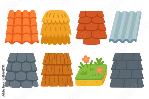 Roofing Materials Icons. Flat vector mini-illustrations roofing materials in colors children's illustrations: clay tile, thatch,