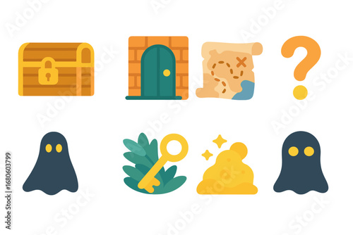 Mystery and Emotions Icons. Flat vector mini-illustrations fate and mystery in colors children's illustrations: locked chest,