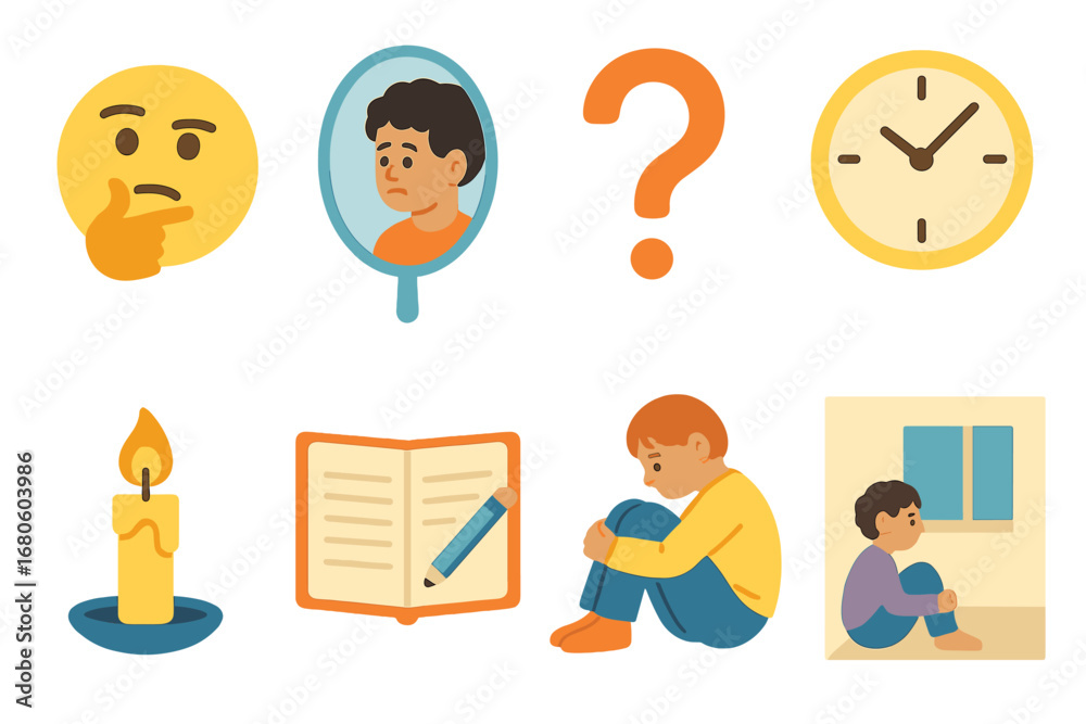 Obraz premium Self-Reflection Icons Grid. Flat vector mini-illustrations guilt and self-reflection in colors children's illustrations: thinking