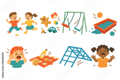Playground Chaos. Flat vector mini-illustrations chaos in playground in colors children's illustrations: kids running, scattered