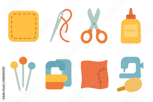 Seam Repair Tools. Flat vector mini-illustrations seam repairs in colors children's illustrations: patch, needle, thread, scissors