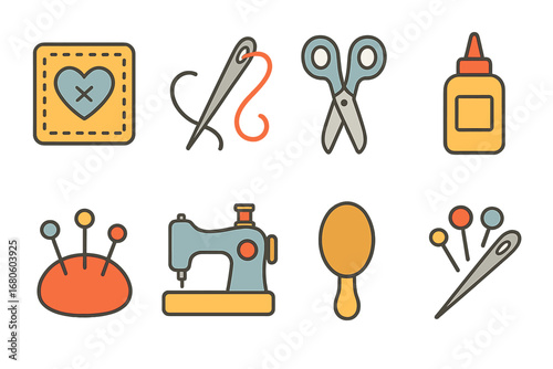 Seam Repair Tools. Flat vector mini-illustrations seam repairs in colors children's illustrations: patch, needle, thread, scissors