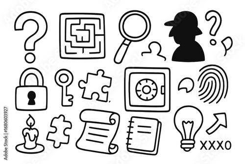 Mystery Puzzle Elements. Hand-drawn doodle illustration enigma mystery question mark, maze, magnifying glass, shadow, lock, key,
