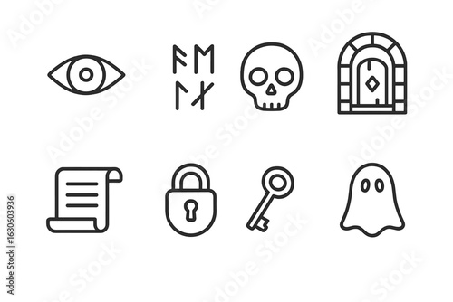 Mystical Catacomb Icons. Outline icon set of mysterious catacomb symbols: eye symbol, cryptic runes, skull mask, secret door,