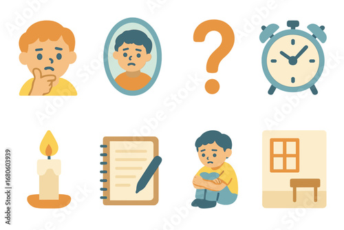 Self-Reflection Icons Grid. Flat vector mini-illustrations guilt and self-reflection in colors children's illustrations: thinking
