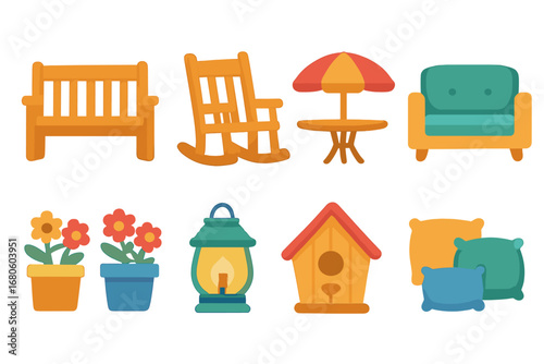 Porch Furniture Icons. Flat vector mini-illustrations porch furniture in colors children's illustrations: bench, rocking chair,