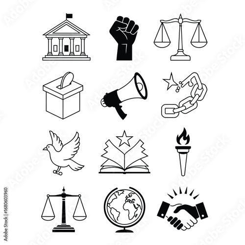 Black and white vector bundle of justice and equality icons with courthouse, raised fist, scales, ballot, protest megaphone, dove, torch and globe