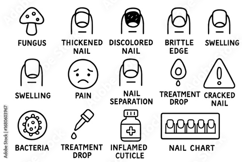 Nail Health Illustrated. Hand-drawn doodle illustration nail infections and conditions fungus icon, thickened nail, discolored