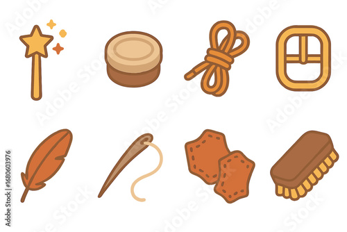 Seven-League Boots Tools. Flat vector mini-illustrations seven-league boots tools in colors children's illustrations: magic wand,