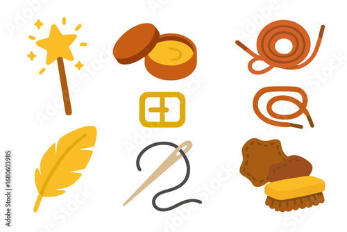 Seven-League Boots Tools. Flat vector mini-illustrations seven-league boots tools in colors children's illustrations: magic wand,