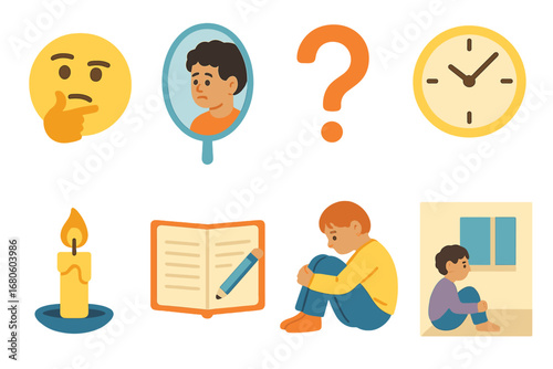 Self-Reflection Icons Grid. Flat vector mini-illustrations guilt and self-reflection in colors children's illustrations: thinking